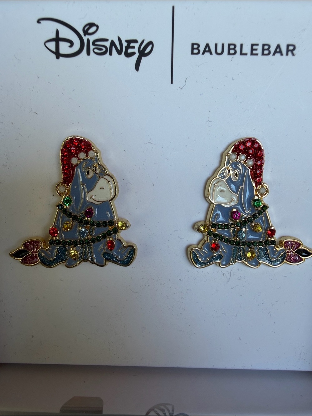 Disney BaubleBar Eeyore Holiday Stud Earrings - Blue with Multicolor Gems NIB